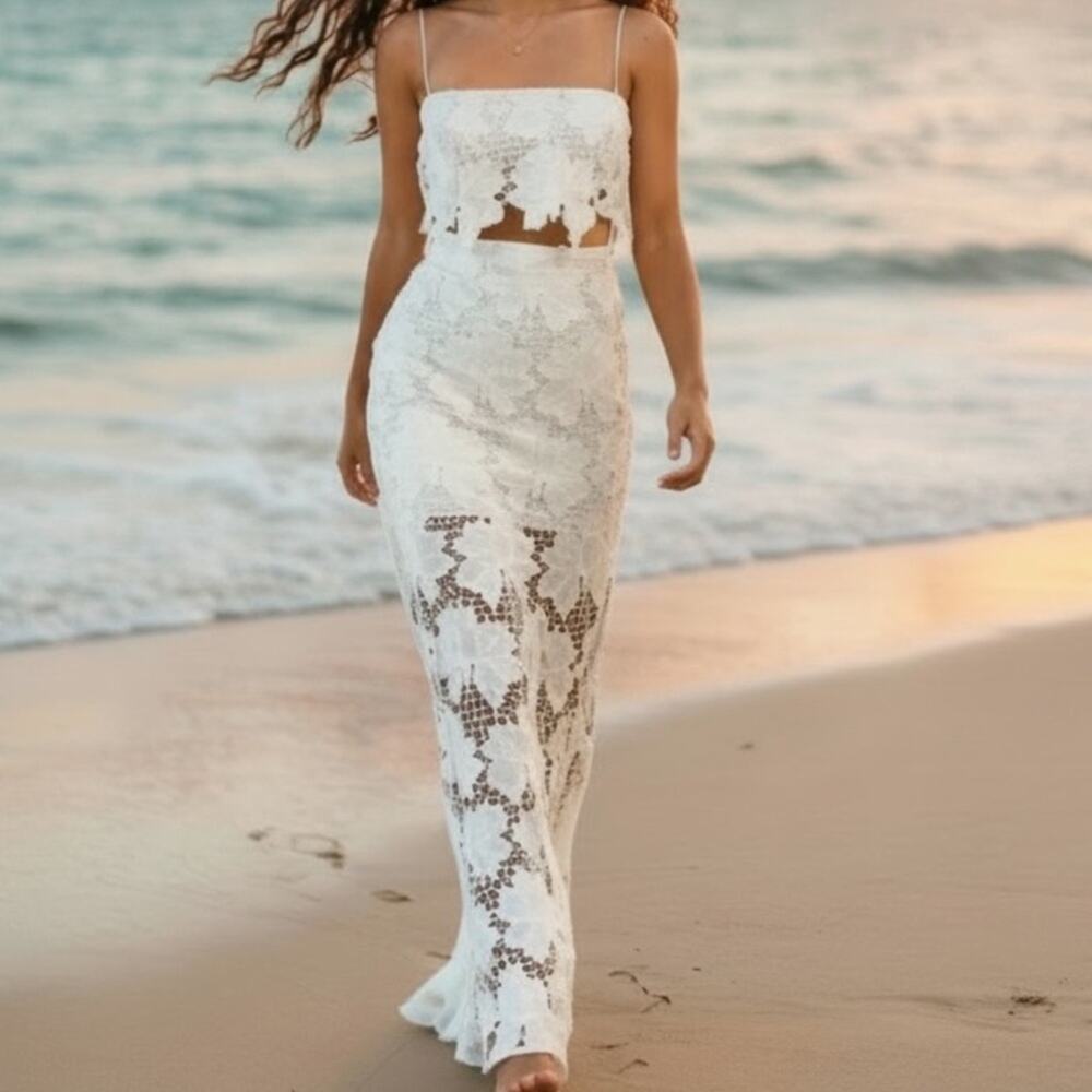 NWT Rumer Tropez Orange Rust Lace Beach Maxi Skirt and Crop Top Size Small - Picture 10 of 10